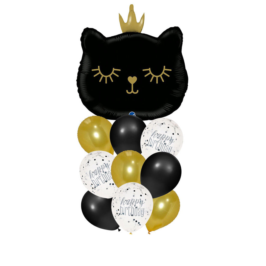 Black cat-shaped balloon with a gold crown surrounded by other balloons on a white background