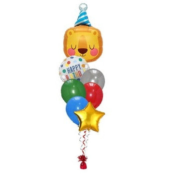 Colorful balloon bouquet with a lion-shaped balloon and 'Happy Birthday' banner on a white background