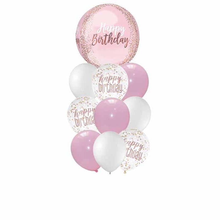 Set of pink, white, and rose gold balloons with 'Happy Birthday' text on a white background