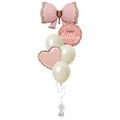 Decorative balloon set with pink bow, heart, and 'happy birthday' text on a white background