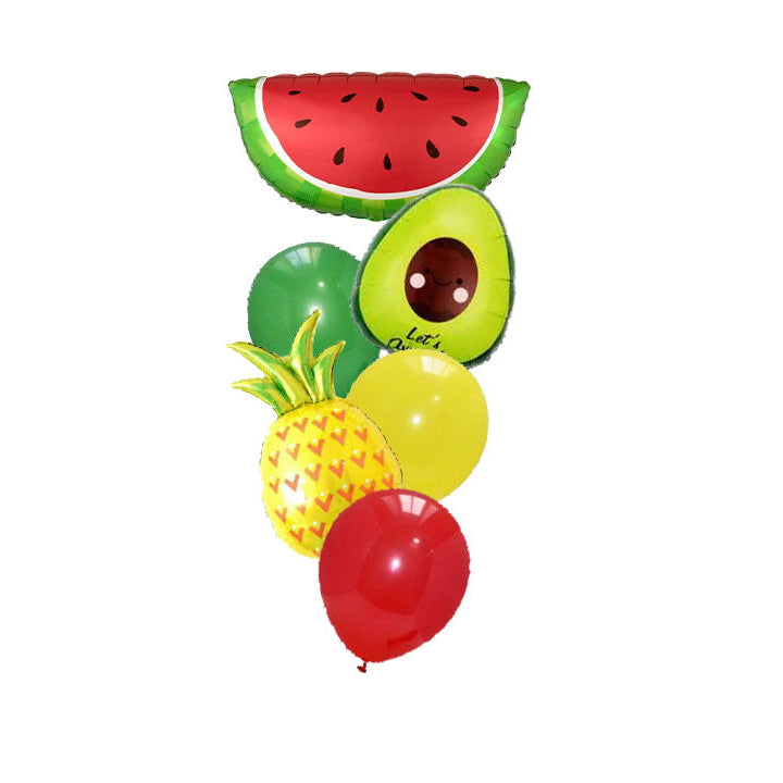 Fruit-themed balloons including a watermelon, avocado, pineapple, and color balloons