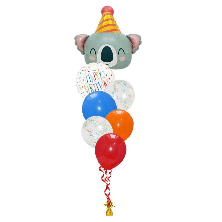 Balloon bouquet with a koala-shaped balloon and colorful balloons on a white background
